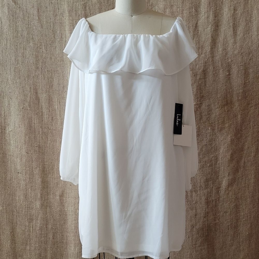 LULUS White Chiffon Off-shoulder Ruffle Dress - L